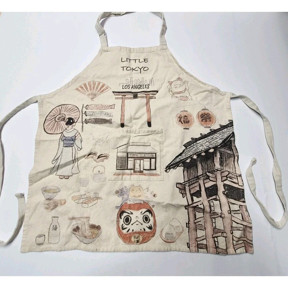 Little Tokyo Los Angeles Japanese Merch Souvenir Graphic Linen Kitchen Apron Euc